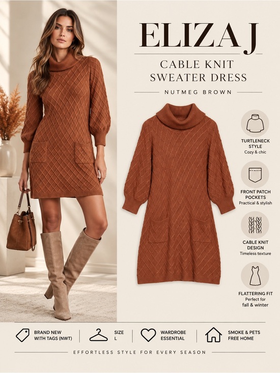 Eliza J Dresses & Skirts - Eliza J Nutmeg Cable Knit Sweater Dress NWT Size L Turtleneck Pockets